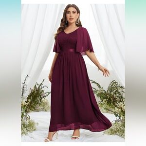 Dress Tells Women's Elegant Maroon V-Neck Hi-Low Chiffon Lace Dress Size M